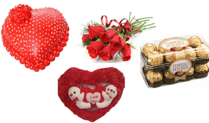 Heart Cake, Teddy Toy, Ferrero Rocher 16 pc, Roses Bunch