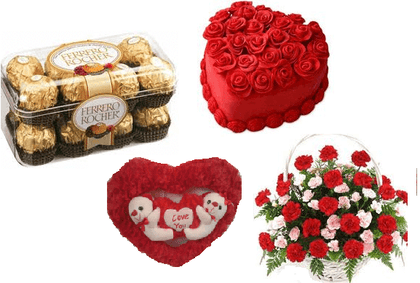 Heart Cake, Teddy Toy, Ferrero Rocher 16 pc, Roses Basket
