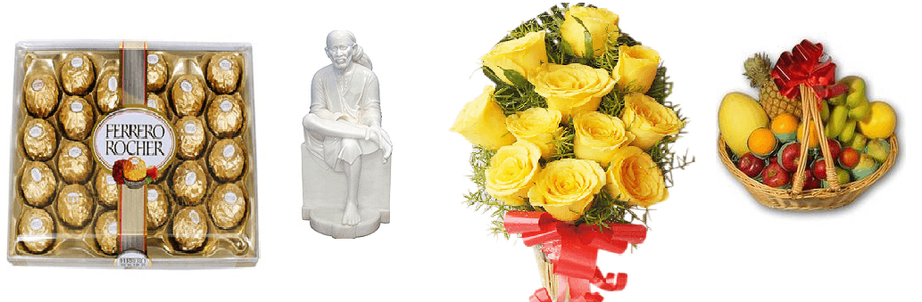 diwali combo for mom and dad online, combo with sai baba, flowers, ferrero rocher and fruits