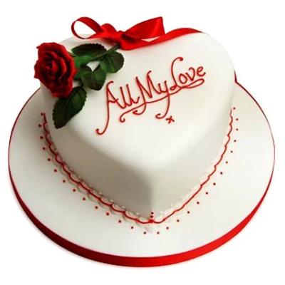 All My Love white color heart shaped cake with red and green color rose and petal designs  - Expressluv.in