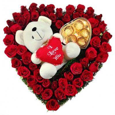 Heart Shape Roses Basket, Teddy and Choco box