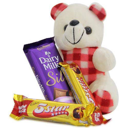 Combo of chocolates and cute teddy bear of red and white color with 2 '5 start' and a dairy milk - Expressluv.in