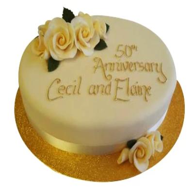 beautiful 50th Anniversary round shaped Cake of cream color with some yellow flower design on it  - Expressluv.in