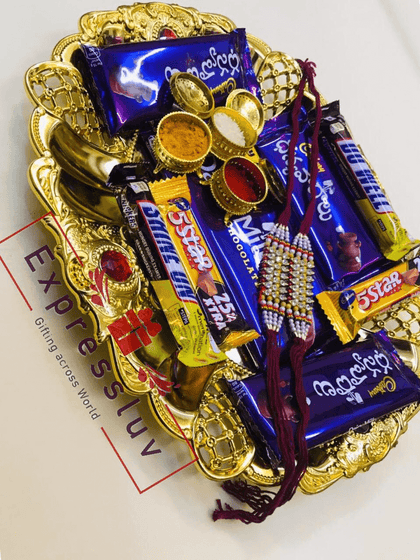 Beautiful Arrangement of Rakhi tray with chocolates