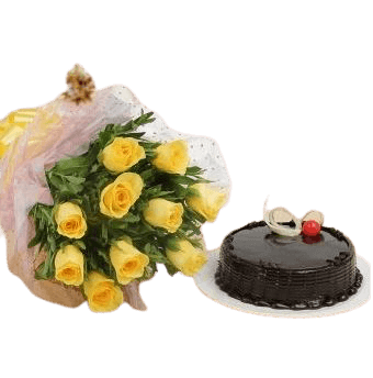 Chocolate Surprise Cake 500 grams and Yellow Roses Bunch