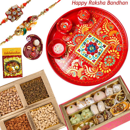 set of rakhi with thali , dry fruits and sweets for brother