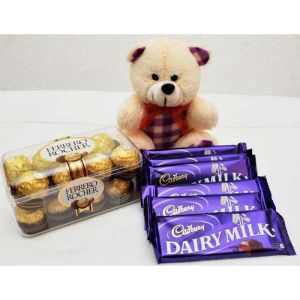 bwat girlfriend birthday combo online with eddy bear, ferrero rocher and dairy milk online delivery